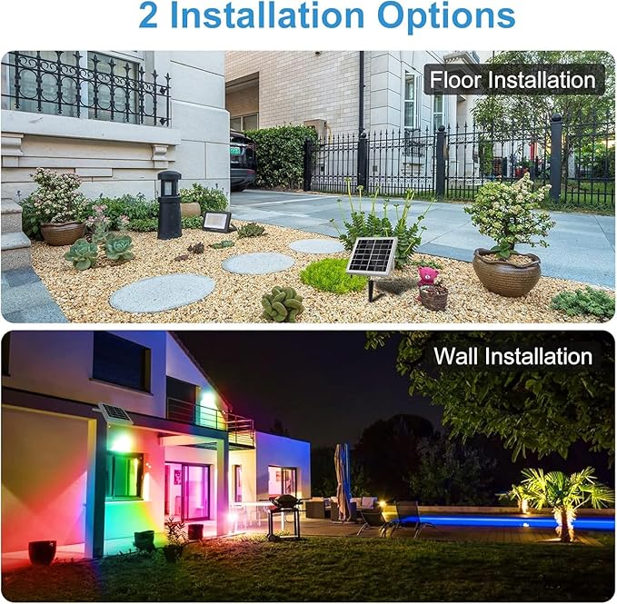 CLY Solar LED Flood Light Outdoor RGBCW Color Changing Floodlight with RF Remote, RGB 2700K 6500K Dimmable,16.4ft Cable IP66 Waterproof Solar Powered Security Light for Garden Tree Christmas Party