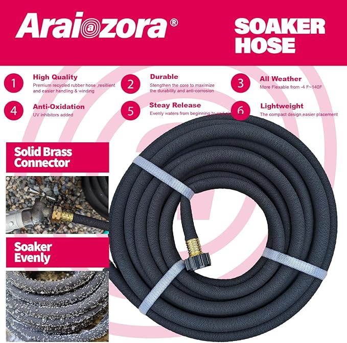 Soaker Hose 50 FT For Garden Beds,Heavy Duty Solid Brass Connector 1/2“ Ruber Drip Irrigation for Flower Bed&Yard,Landscaping