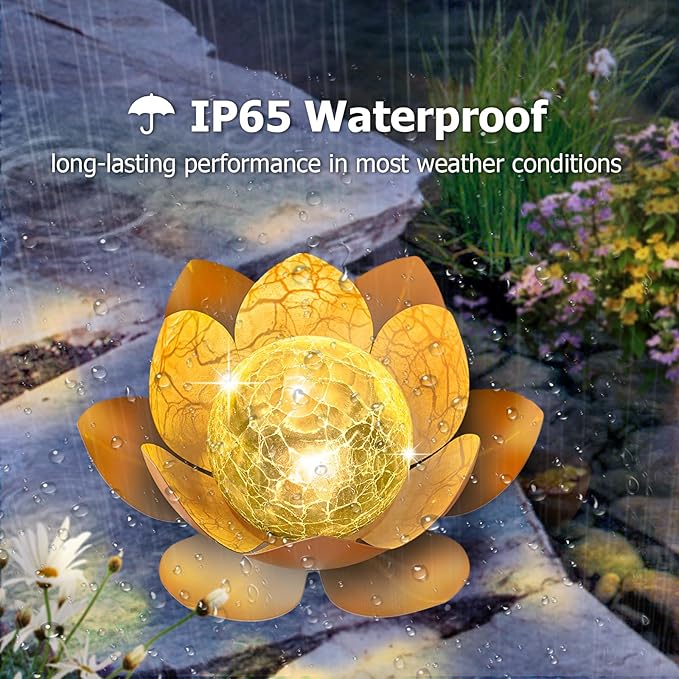 Garden Solar Light Outdoor(2Pack),Crackle Globe Glass Lotus Decoration, Waterproof Metal LED Flower Lights for Patio,Lawn,Walkway,Tabletop,Ground