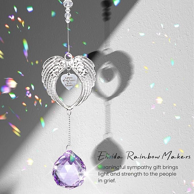 Sympathy Gift Modern Grief Gift for Lose of Loved Ones, Memorial Suncatcher with 40mm Crystal Ball, Sorry for Your Lose Rainbow Maker, Bereavement Gift Idea Angel Wings Design, Purple