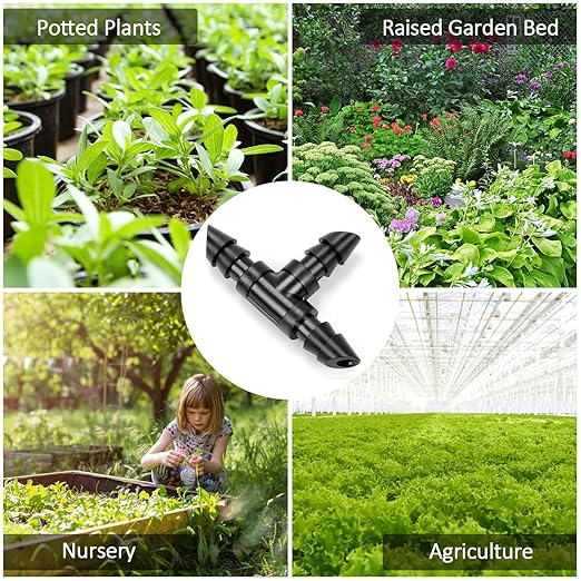60 Pieces 1/4" Drip Irrigation Tee Fittings：1/4'' Drip Line Double Barbed Tee Connectors for 1/4 Inch Irrigation Tubing Quarter Inch 3-Way T Connector for Irrigation System