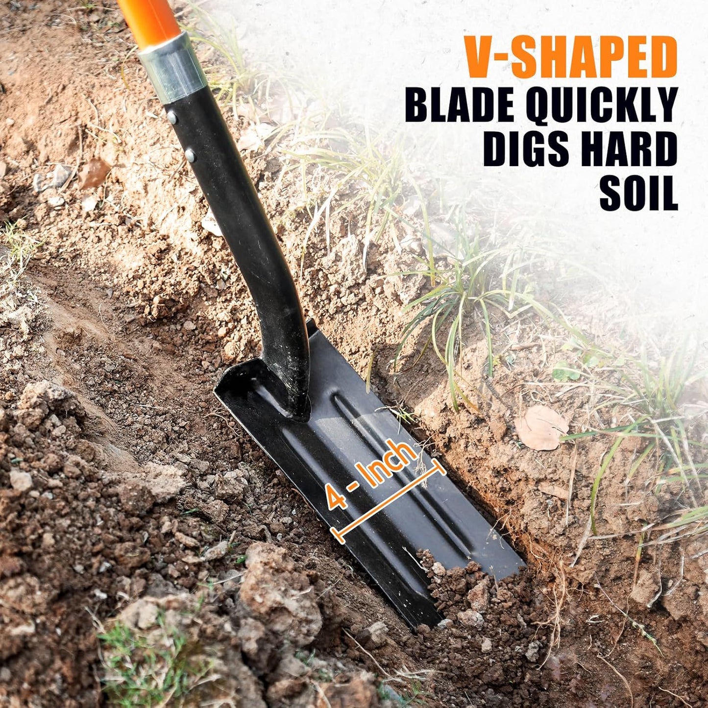 Trench Shovel for Digging, 4-Inch Trenching Shovel with Fiberglass Handle, 56 Inches