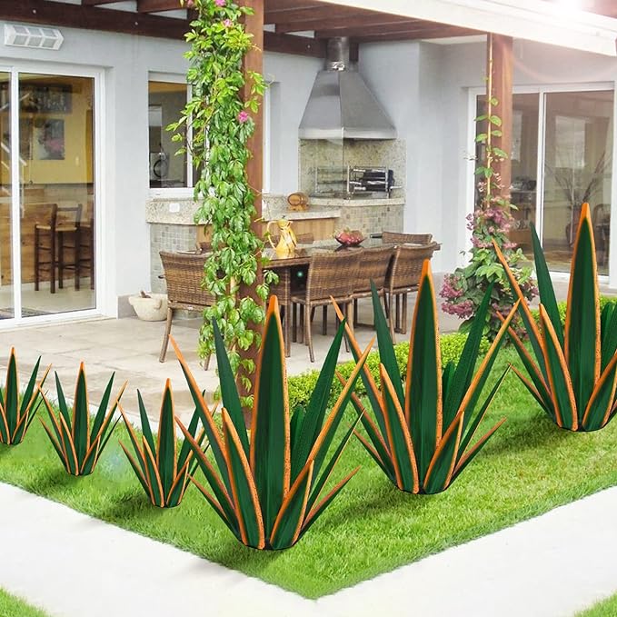 Large Tequila Rustic Sculpture, Rustic Metal Agave Plants for Outdoor Patio Yard, Home Decor Hand Painted Metal Agave Garden Yard Statue, Outdoor Lawn Ornaments Yard Stakes (Dark Green - M)