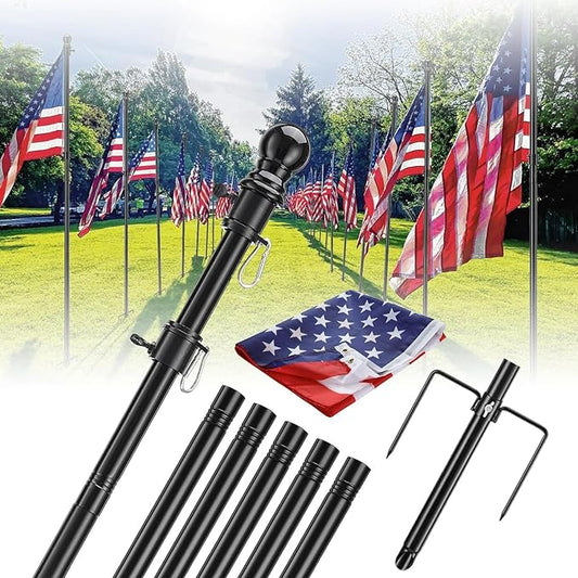 2 Pack Ground Flag Pole for Outside House - 8.5 FT Tangle Free Heavy Duty Flag Pole Kit with Windproof Stand,Outdoor Inground Flag Holder for Yard Garden, Includes Bonus 3x5 American Flag,Black