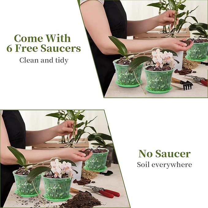 Orchid Pot with Holes and Saucers 5 Inch 6 Pack（Green Emerald）