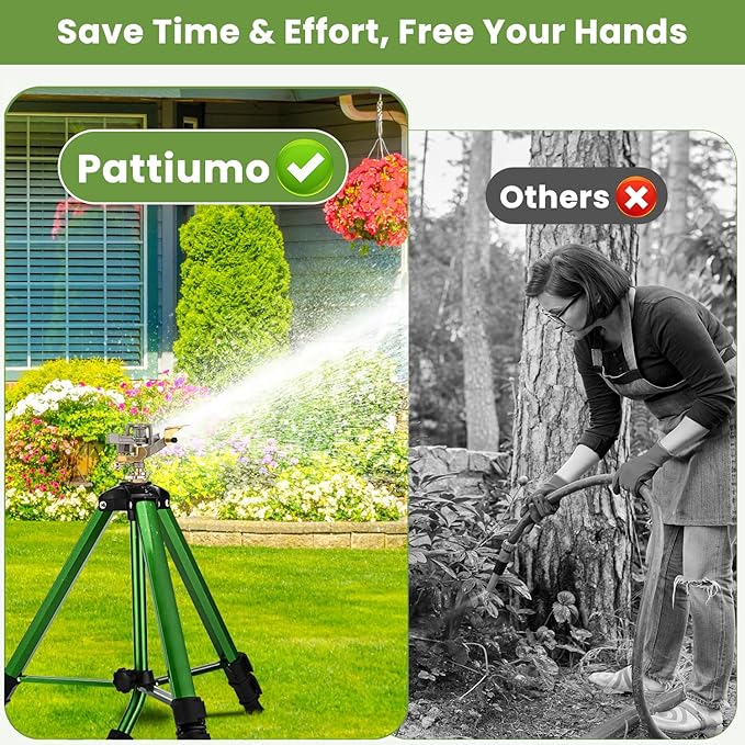 Lawn Sprinklers for Yard, Pattiumo 360°Tripod Sprinklers for Yard Large Area, 3/4" Connector, Adjustable Height 16-37”, Heavy Duty Sprinklers for Garden/Yard/Patio, 1Pack