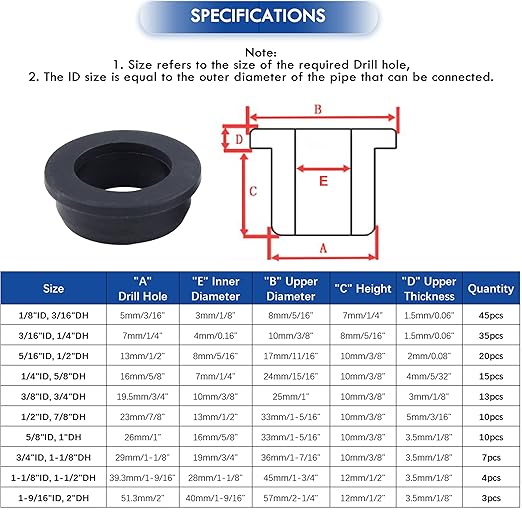 3/16 Inch Drill Hole, 1/8 Inch ID Silicone Rubber Grommets for Wiring, Automotive, Firewall Hole Plug, Small Top Hat Grommets for Vinyl Tubing in Hydroponic and Irrigation Systems, 45 Pack