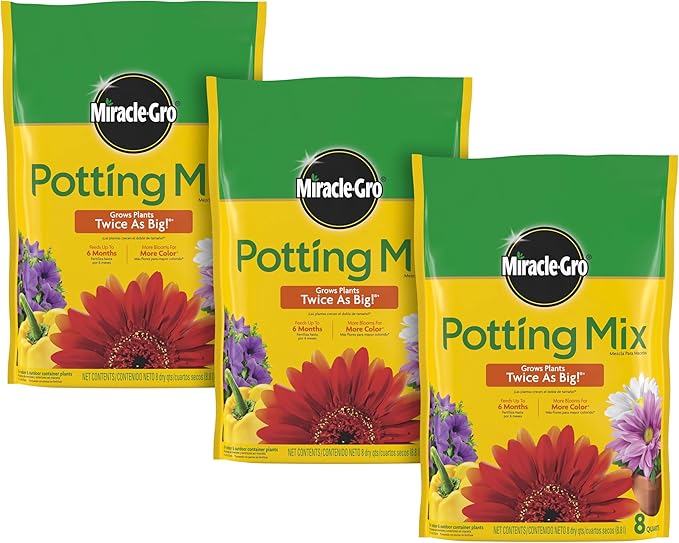 Miracle-Gro Potting Mix, For Container Plants, Flowers, Vegetables, Shrubs, Annuals, Perennials, Feeds up to 6 Months, 8 qt., 3-Pack