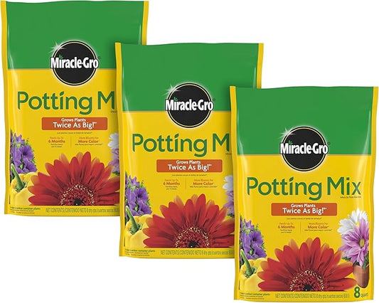 Miracle-Gro Potting Mix, For Container Plants, Flowers, Vegetables, Shrubs, Annuals, Perennials, Feeds up to 6 Months, 8 qt., 3-Pack