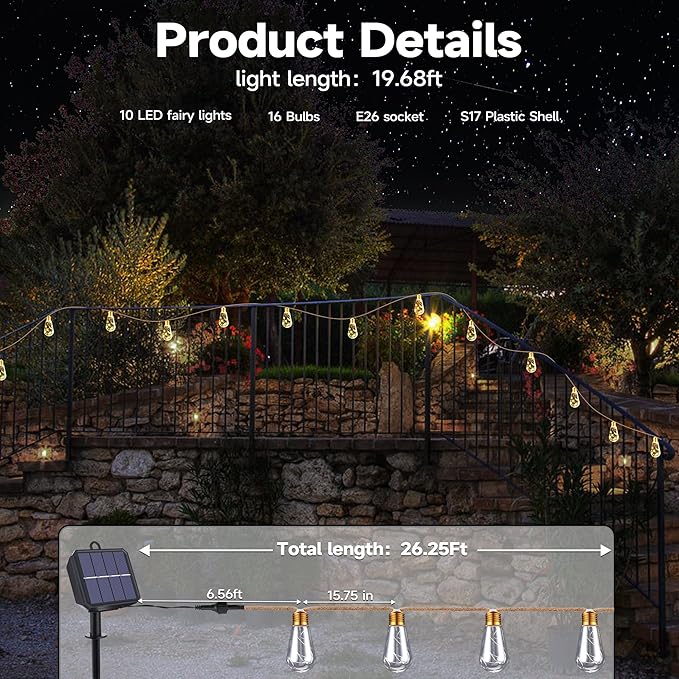 Solar Outdoor String Lights, 20Ft Vintage Rope Hemp Solar Patio Lights, Waterproof Warm White Solar Powered String Lights With 8 Modes 16 Shatterproof Bulbs for Garden Fence Stairs Balcony Café Bistro
