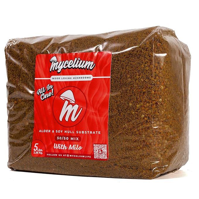 Mycelium Gourmet Mushroom All-in-One Bag - Premium Organic 5LB Blend of Alder & Soy Hull Substrate with Sterilized Milo Grain - Perfect for Variety of Wood-Loving Mushrooms - Home Growing Made Easy