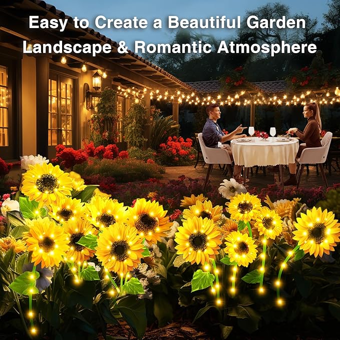 Solar Sunflower Garden Lights: 6 Pack of 18 LED Artificial Solar Flowers, IP65 Waterproof for Pathway, Walkway, Porch, Landscape, Yard Decorations