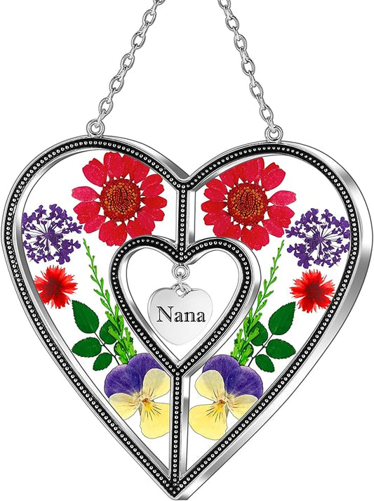 KY&BOSAM Heart Suncatcher Nana Stained Glass Panles Hangings for Windows Ornament Sun Catchers with Pressed Real Flower Heart Embedded in Glass Birthday Gifts for Nana Mother`s Day Home Garden Decor