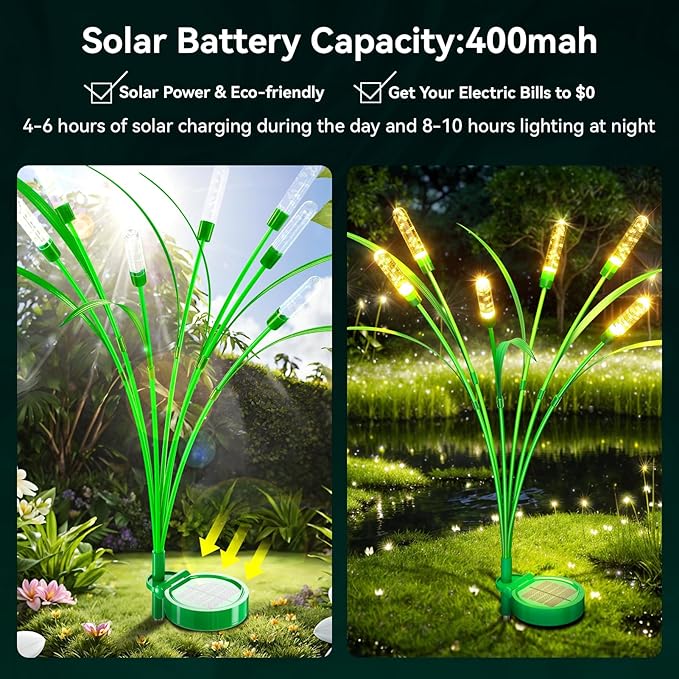 4 Packs Reeds Solar Garden Light, 30 Inch Garden Solar Light with 24 Bulbs, Intelligent Light Control System, IP65 Waterproof, Outdoor Solar Light for Decorating Yard, Pathway(Warm Color)