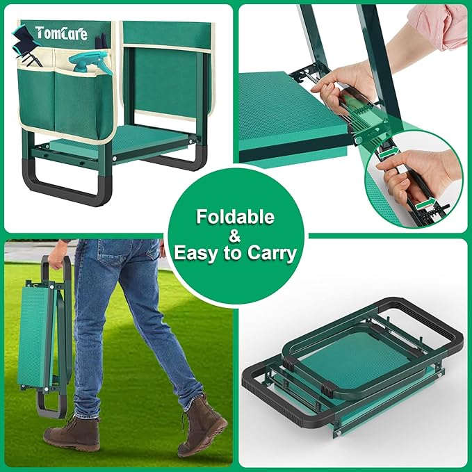 TomCare Garden Kneeler and Seat Upgraded 10.24" Wide Kneeling Pad Garden Bench with 2 Large Tool Bags Heavy Duty Garden Stool Foldable Garden Tools Gardening Gifts for Women Men Seniors Gardeners