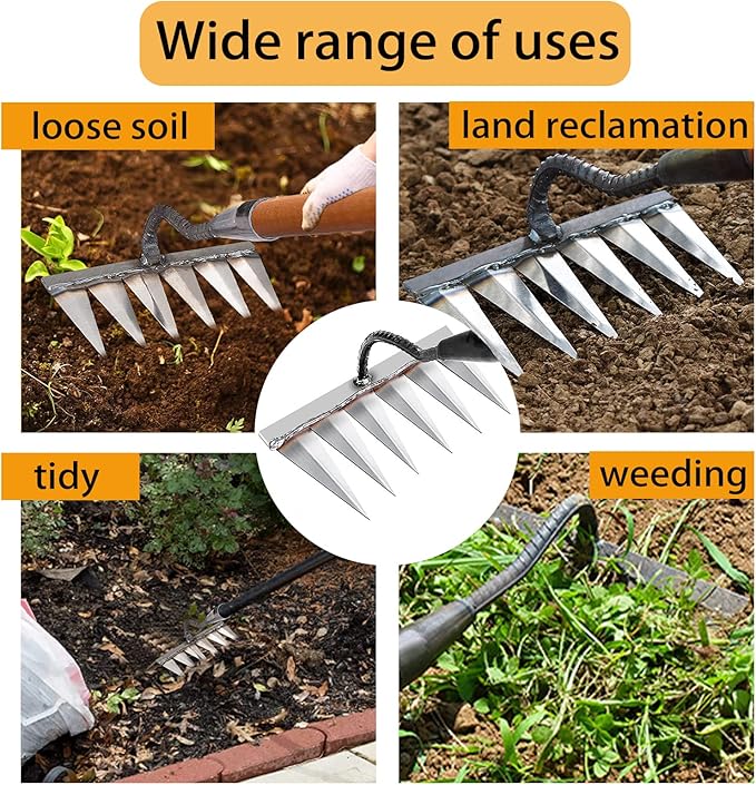 Iron Rake for Gardening and Weeding - Heavy Duty Garden Tool, Carbon Steel Hand Rake for Sturdy Dethatching, Heavy Duty Rake 6 Toothed Steel (Without Stick)