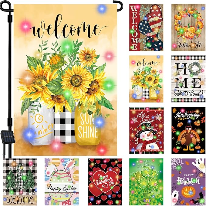 Lighted Seasonal Garden Flags Set of 12 Double Sided 12 x 18 Inch LED Yard Flags, Small Flags for Outside, Fall Winter Halloween Christmas Outdoor Flags,Solar Holiday Garden Flags for All Seasons