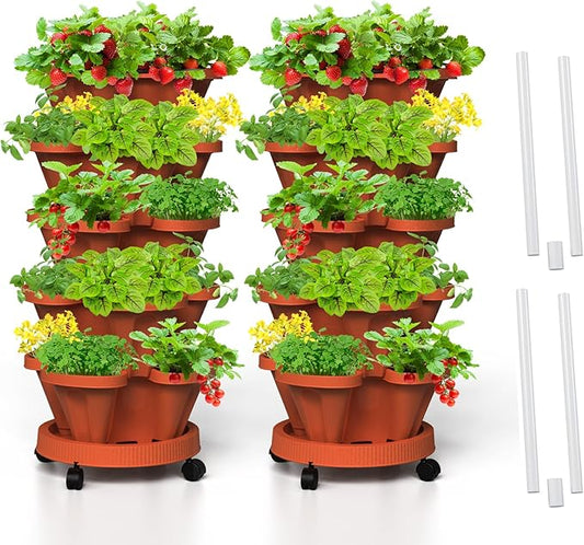 Strawberry Vertical Planters 2 Pack, 5 Tiered Stacking Tower Garden with Support Pole, Stackable Herb Vegetable Planters Indoor Outdoor Terra Cotta