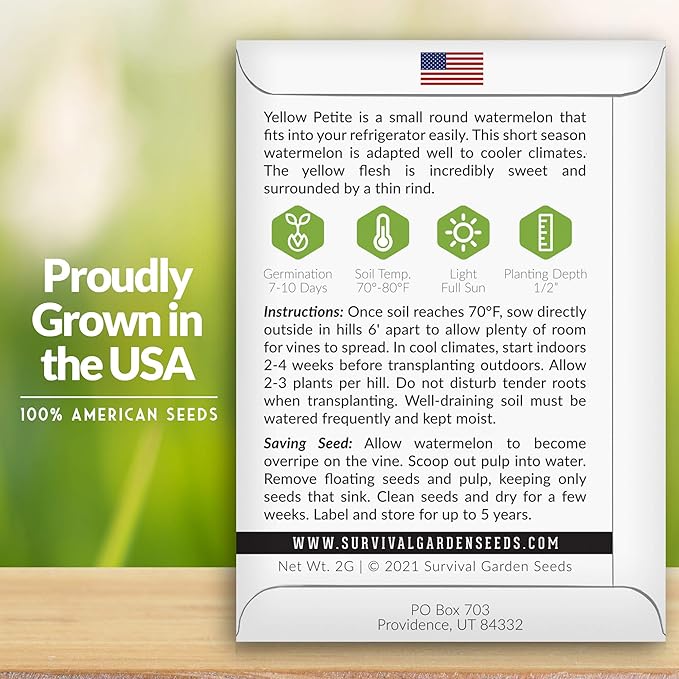 Survival Garden Seeds - Yellow Petite Watermelon Seed for Planting - Packet with Instructions to Plant and Grow Small Yellow Watermelons in Your Home Vegetable Garden - Non-GMO Heirloom Variety