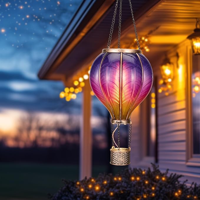 TERESA'S COLLECTIONS Hot Air Balloon Solar Lantern for Garden Decor ,Flickering Flame Hanging Solar Light for Outdoor ,Purple & Pink Plastic Lamp for Yard Tree Gift for Mom