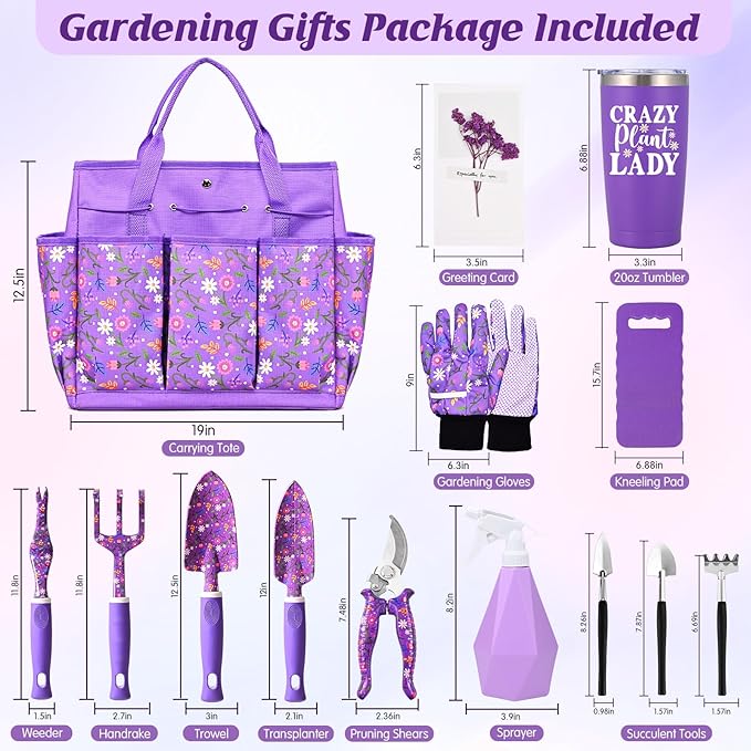 Gardening Gifts for Women, Gardening Tools for Women, 14 PCS Garden Tools Set Kit with Garden Tool Bag, Plant Lover Gifts Birthday Gifts for Mom Grandma Aunt (Purple)