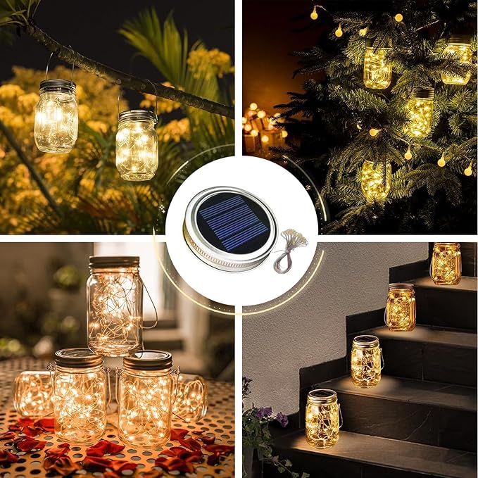 ZNYCYE Solar Mason Jar Lights 12 Pack 30 Led Fairy Lights Mason Jar Lids with Hanger (Jars Not Included) Best for Mason Jar Outdoor Christmas Decor for Patio Garden Yard and Lawn(Warm White)