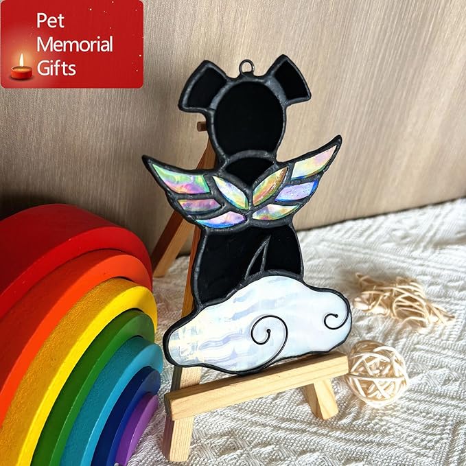 Stained Glass Angel Wings Dog Memorial Gifts for Loss of Dog Sympathy Gift Suncatcher, Rainbow Bridge Pet Passing Away Remembrance in Memory, Dog Bereavement Gifts for Loss of Pet, Black