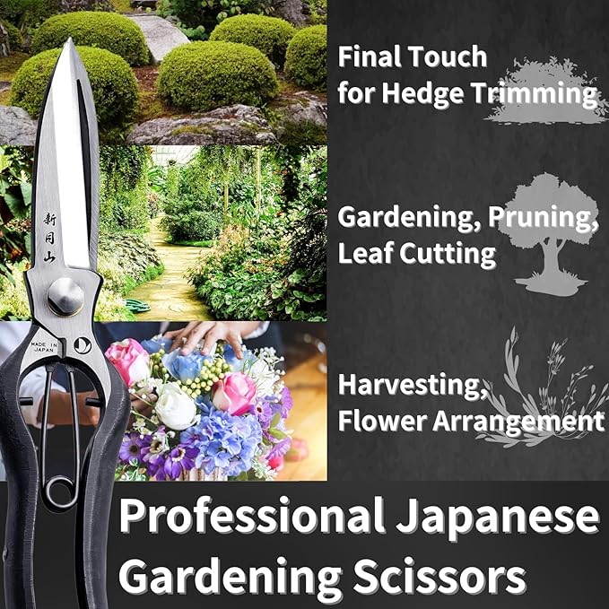 Leaf Trimming Scissors Handheld Hedge Shears 9", Professional One-Handed Hedge Clippers for Trimming of Hedges and Trees, Japanese Carbon Steel Blade, Spring Loaded Handle, Made in Japan