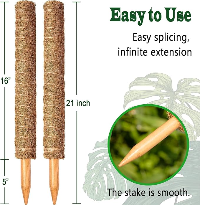 2 Pack 21 Inch Moss Poles, Stackable Moss Pole for Plants Monstera, 37 Inch Tall Moss Poles for Climbing Plants Indoor, Coir Totem Plant Support Stakes Stand for Potted Plants, Pothos