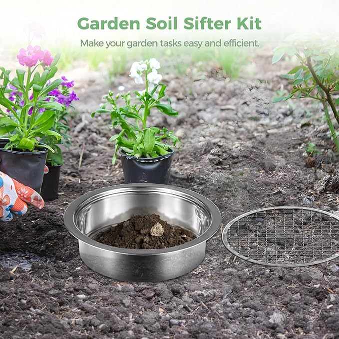 Soil Sieve Set, Garden Soil Sifter Kit, Stainless Steel Mesh Sifting Pan with 5 Sizes Sieve Meshes (0.04"-0.48") & Bonsai Soil Scoop, Garden Potting Sieve Set for Dirt, Compost