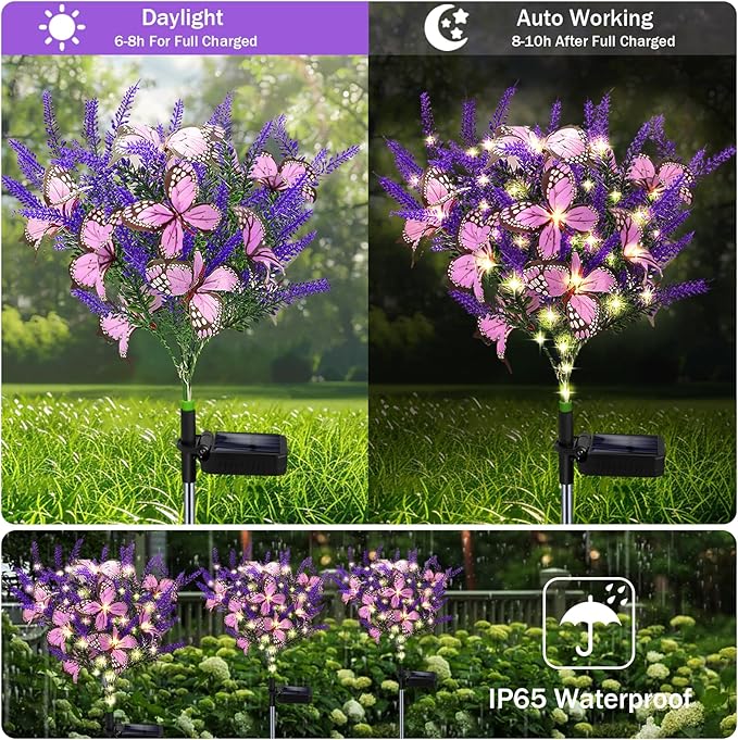 Solar Garden Lights Outdoor, 4 Pack Purple Lavender Solar Butterfly Lights Gardening Gifts for Women, Solar Artificial Flower with Butterfly Purple Garden Decor for Lawn Patio-Warm White