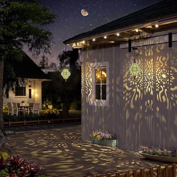 Hanging Solar Lights Outdoor Garden Decor Solar Lantern Waterproof Plastic Moroccan Outdoor Decorations for Patio Pathway Yard Backyard Garden Decorative (1 Pack, Bronze)