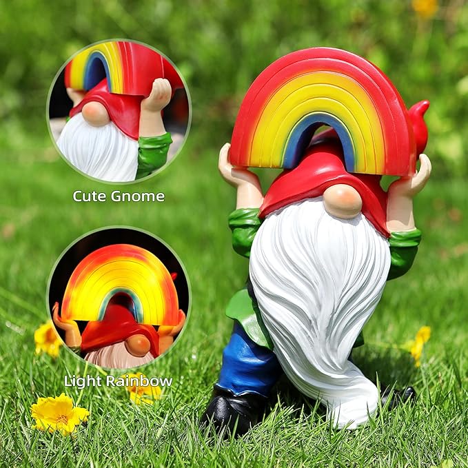 Garden Gnome Statue with Rainbow Solar Lights Large Garden Sculptures Outdoor Decorations Patio Lawn Yard Garden Decor Gifts for Women Mom