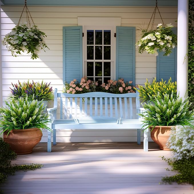 Artificial Flowers for Outdoor Plants 24 Bundles Fake Lavender Plastic Faux Monkey Grass for Verandah Window Garden Office Patio Front Porch UV Resistant for Planter(White)