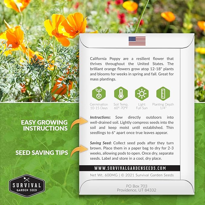 Survival Garden Seeds 3 Packets California Poppy for Planting - Seed Packs with Instructions to Grow Eschscholzia Californica Plants in Your Home Flower Garden - Non-GMO Heirloom Wildflower Variety