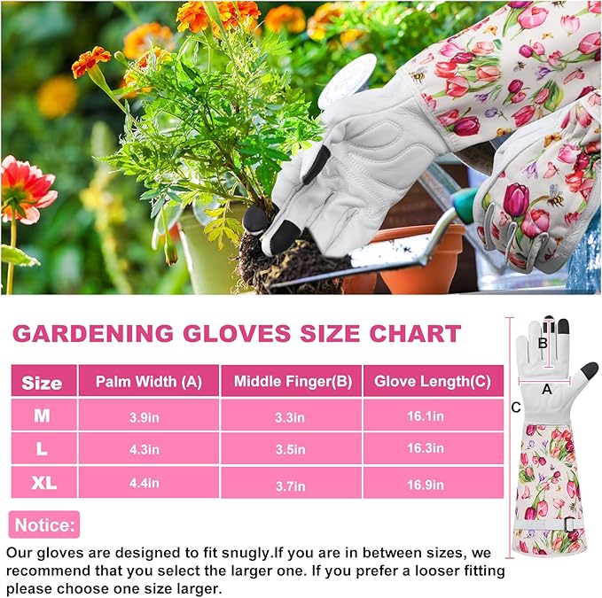 DLY Gardening Gloves for Women, Rose Gloves Gardening Thorn Proof, Long Garden Gloves for Women, Breathable Cowhide Leather Gauntlet (Medium, White)