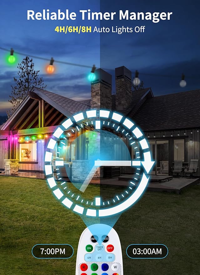 Brightown RGBW Outdoor String Lights, 25FT LED Patio Lights with Remote and Timer, Commercial Grade Waterproof Hanging Lights with 13 Shatterproof Bulbs(1 Spare) for Backyard Porch Garden Party Decor