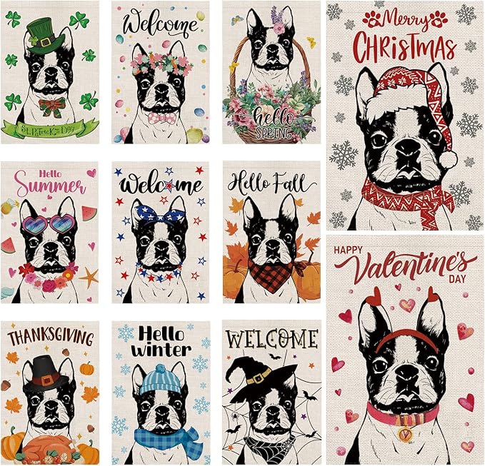 Seasonal Garden Flags Boston Terrier Dog Double Sided Flags Set of 11 Holiday Farmhouse Indoor Outdoor Yard Lawn Christmas Gifts Decorations 12.5x18 Inch
