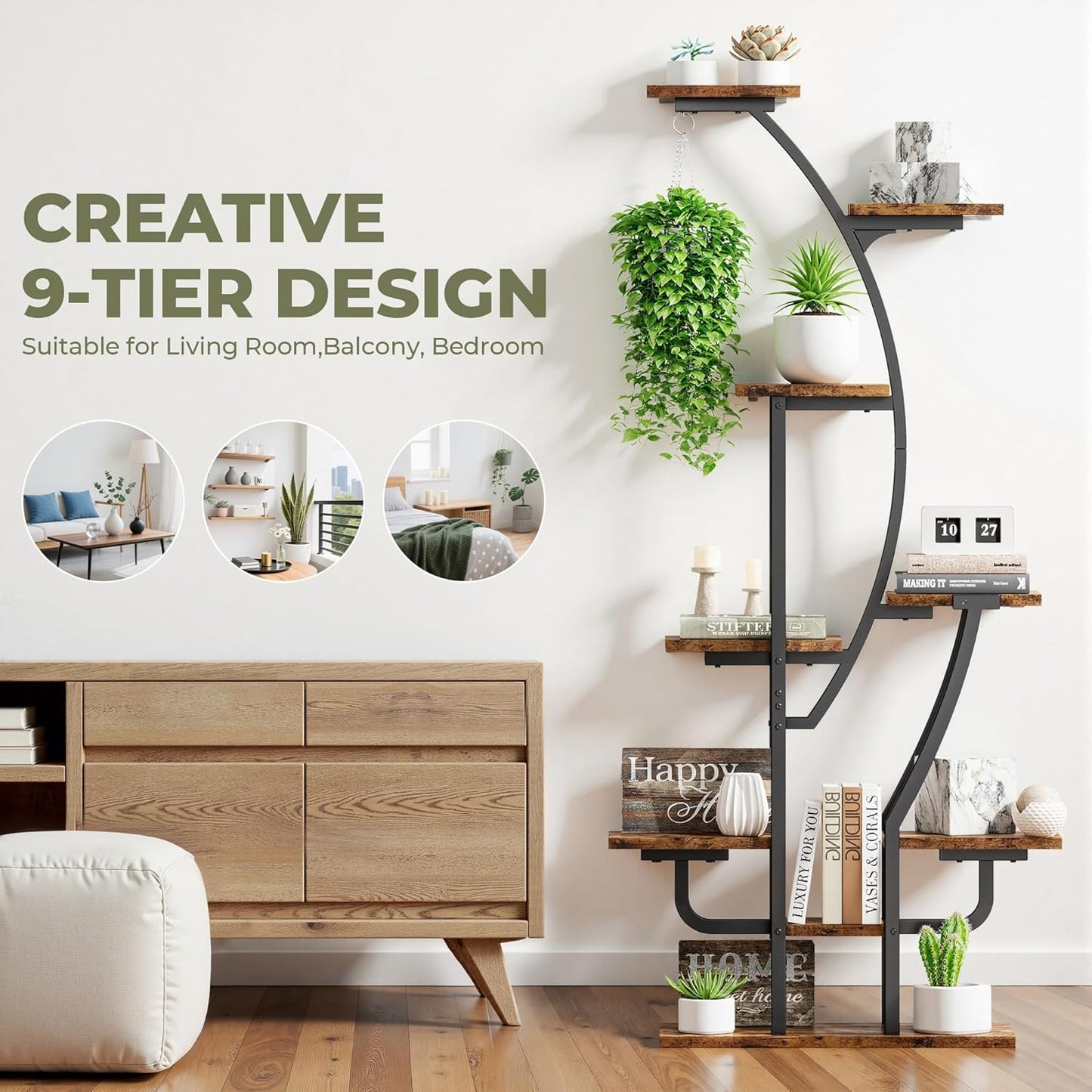 IRONCK Plant Stand Indoor with Grow Lights, 9 Tiered Indoor Plant Shelf, 62" Corner Plant Stands for Indoor Plants, Metal Plant Flower Display Shelves, Moon-Shaped Plant Rack for Home, Patio, Black