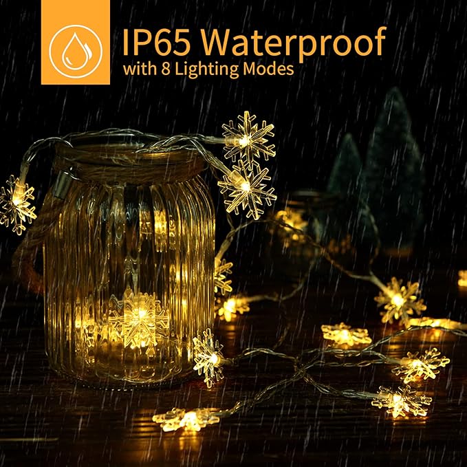 Brightown Solar Christmas Snowflake String Lights 2-Pack 100 LED 78FT Outdoor Waterproof Fairy Lights with 8 Lighting Modes for Wedding, Party, Tree, Room, Garden, Patio, Yard, Home(Warm White)