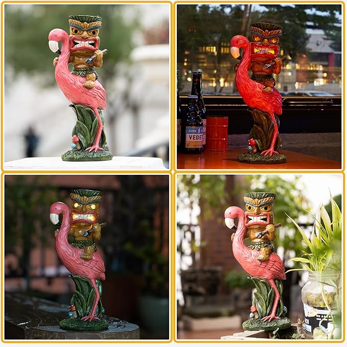 Solar Tiki Statue - Outdoor Statue - Solar Powered Garden Figurine Tiki Decoration for Bar, Patio, Balcony, Yard, Lawn, Table, Riding a Flamingo 13.66 Inches Tall