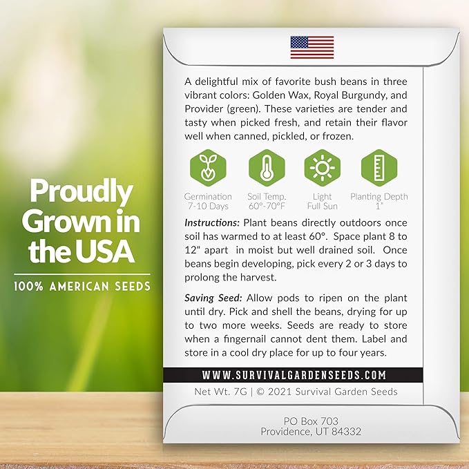 Survival Garden Seeds - Tri-Color Bean Seed for Planting - Packet with Instructions to Plant and Grow Yellow, Purple, and Green Bush Beans in Your Home Vegetable Garden - Non-GMO Heirloom Variety