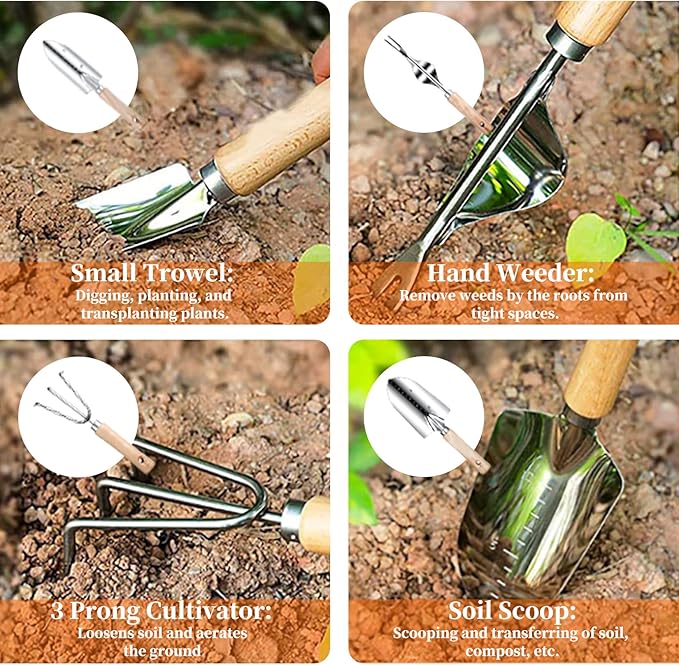 Garden Tools Set, 9PCS Heavy Duty Gardening Tools with Storage Garden Tote Bag, Rust-Proof Stainless Steel Garden Supplies Hand Tools with Wood Handles, Ideal Garden Gifts for Women Men