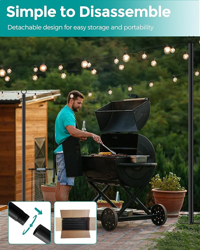 LAND·VOI 2 Pack String Light Poles, 9FT Heavy Duty Metal Light Poles for Outside String Lights, Outdoor Light Poles with 5 Prong Fork, Lighting Stand for Patio, Backyard, Garden, Deck, Black FLP12B