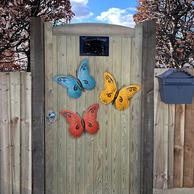 EASICUTI Metal Butterfly Wall Decor Butterfly Wall Art Hanging Sculpture For Indoor Outdoor Home Bathroom Living Room Bedroom Or Porch Patio Fence Yellow Red Blue 3 Pack 9.4" L x 7.5" H