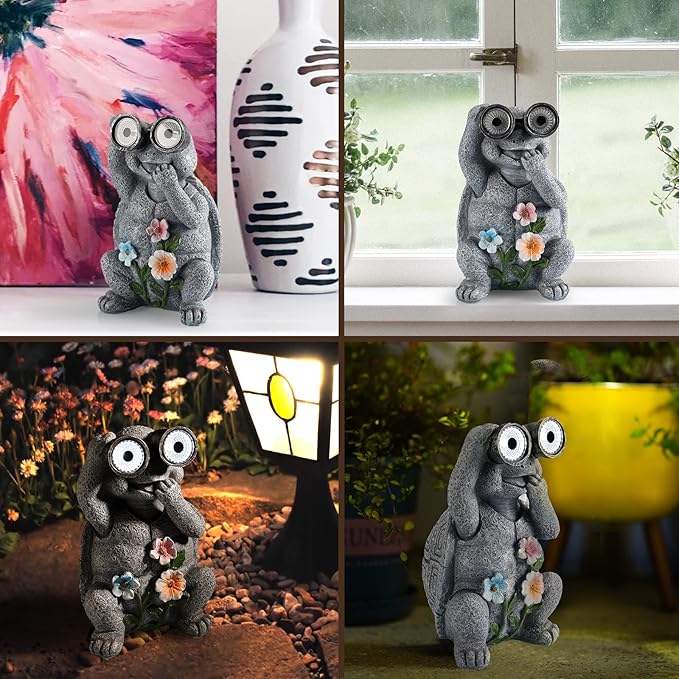 Outdoor Solar Garden Statues, Funny Garden Decor Statue - Resin Animal Statues Decor with Binoculars, Outdoor Solar Statues for Patio Decor, Unique Garden Gifts for Women.