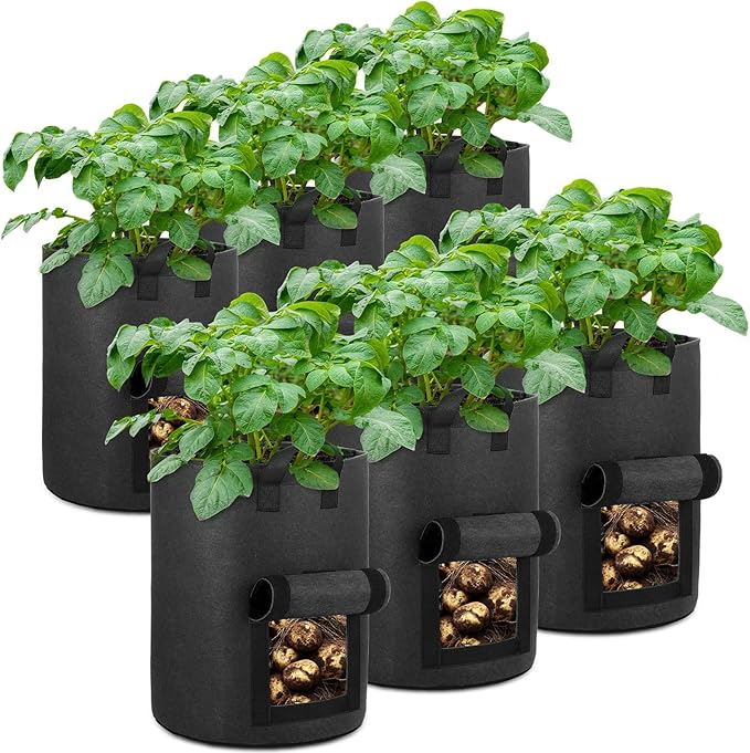 6-Pack 10 Gallon Potato Grow Bags with Flap Window, Heavy Duty Aeration Fabric Pots with Handles for Garden and Planting(Black)