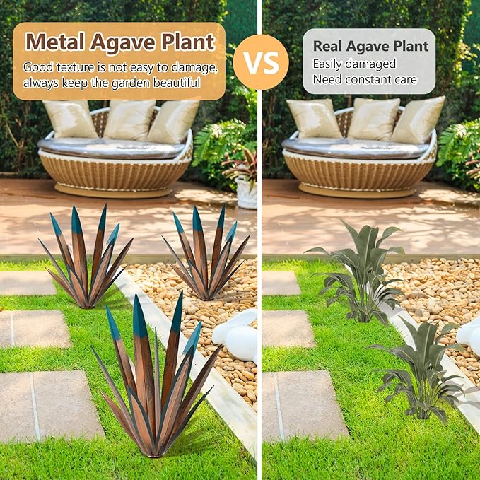 Tequila Rustic Sculpture, 2Pack DIY Rustic Hand Painted Metal Agave, Metal Agave Plant Home Decor, Garden Yard Sculpture Lawn Home Art Decoration Statue, Garden Ornaments Outdoor Decor (Small)