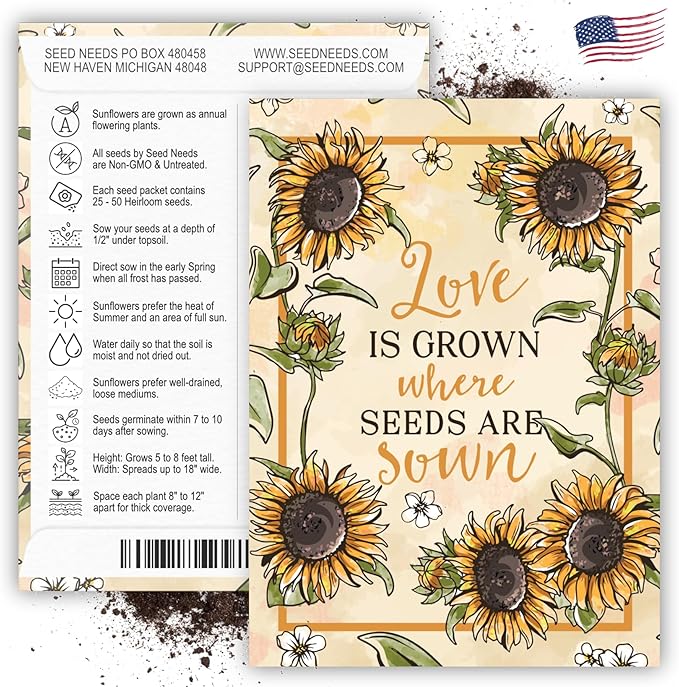 Seed Needs, Sunflower Seed Packet Party Favors Pre-Filled & Ready to Hand Out Great for Weddings, Bridal Showers, Memorials, Fundraisers & Other Events Heirloom & Untreated (100 Packets)
