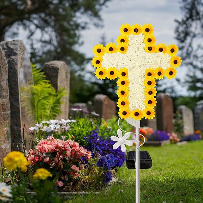 YJFWAL 2 Pack Solar Daisy Cross Garden Stake Lights, Yard Solar Lights Cemetery Decorations for Grave Outdoor Light Jesus Cross Sympathy Memorial Gifts for Grandmother, for Garden Yard Lawn Pathway